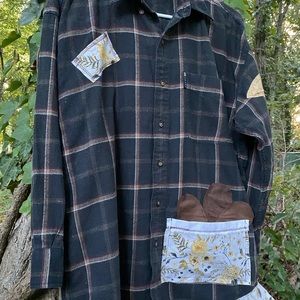 Flannel Shacket Medium Recycle Frayed Grunge Boho Hippie Patch Fall Shirt Jacket